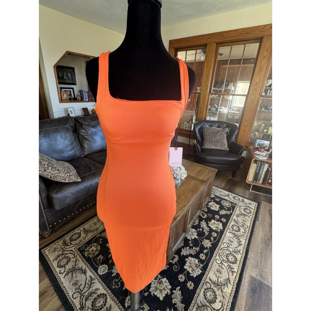 NWT Sincerely Jules Orange Bodycon Midi Dress XS Square Neck Fitted